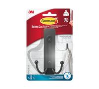 Command Grand crochet mural double pour salle de bain, noir mat, 1 crochet et 1 bande résistante à l'eau, suspension sans dommage pour serviettes de bain