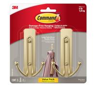 Command Grands crochets muraux en laiton satiné, 2 crochets doubles pour suspendre organisateurs de dortoir, sans dommages avec bandes adhésives