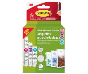 Command Languettes Accroches Tableaux, Multi-Pack, 8 Paires de Grandes, 6 Paires de Moyennes, 4 Paires de Petites Bandes Adhésives, Blanches - Fixation sans Dommage