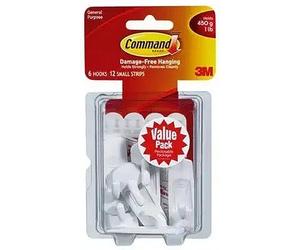 Command Lot de 6 petits crochets utilitaires et 12 bandes adhésives, blanc - Suspension sans dommage - Peut contenir jusqu'à 450 g