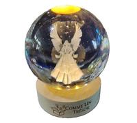 Comme Un Trésor Veilleuse Boule de Cristal 3D Ange 8 cm, Gravure Laser, LED Teinte Chaude, Socle Bois 6,5 cm, USB 5 V, Lampe de Chevet, Eclairage d'Ambiance