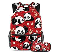 Commencez l'année scolaire avec notre ensemble de 2 cartables, sac à dos et trousse inclus, panda mignon sur rouge, multicolore, B:29.4x20x40cm P:19x7.5x3.8cm, Sacs à dos de jour