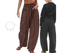 Commendize Womens Baggy Barrel Pants Wide Leg Lounge Drawstring Sweatpants with Pockets Casual Summer Barrel Sweatpants Women (Coffee,Grand)