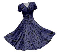 Comment associer des tenues pour femmes - Robe à imprimé sanglant 2025 - Robe d'automne à manches courtes et col en V - Robe longue avec ceinture pour femmes, bleu marine, 4XL