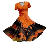 Comment associer des tenues pour femmes - Robe à imprimé sanglant 2025 - Robe d'automne à manches courtes et col en V - Robe longue avec ceinture pour femmes, Orange, 4XL