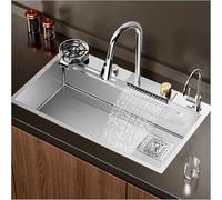 Commercial Stainless Steel Kitchen Sink with Waterfall Faucet Multifunctional Vegetable Basin for Home Restaurant And School - Dimensions : 68 x 45 x 22 cm Silver Finish
