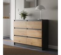 Commode 100 cm de large avec 6 tiroirs en bois de chêne artisanal anthracite avec tiroirs Buffet haut Buffet pour chambre à coucher, salon, couloir, bureau - Largeur : 100 cm - Hauteur : 78 cm