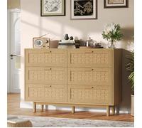 Commode 115x40x80cm - Commode de chambre 6 tiroirs en cannage PVC poignées en métal et pieds surélevés - Chêne clair