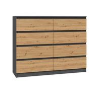 Commode 120 cm - 8 Tiroirs - Meuble de Rangement Chambre - Dimensions 120x40x97 cm - Design Moderne et Élégant - Chêne et Gris