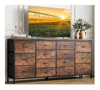 Commode 14 tiroirs, tour de rangement en tissu, cadre acier, plateau bois, poignée facile pour chambre, 160x35x75CM,MARRON