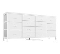 Commode 14 tiroirs, tour de rangement en tissu, cadre acier, plateau bois, poignée facile pour chambre, 160x35x75CM,BLANC