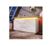 Commode 140 cm Blanc Laqué Brillant - LED avec Commande App & Toucher, 2 Portes + 3 Tiroirs, Tablette réglable