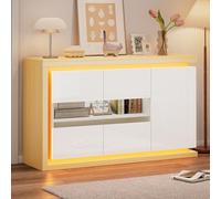 Commode 140 x 40 x 84 cm Blanc/naturel - Armoire de rangement multifonction avec 4 compartiments, barre lumineuse LED et portes en verre, panneau latéral brillant pour salon, couloir et bureau