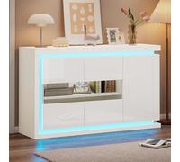 Commode 140 x 40 x 84 cm blanche - Armoire de rangement multifonction avec 4 compartiments, barre lumineuse LED et portes en verre, panneau latéral brillant pour salon, couloir et bureau