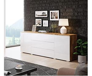 Commode 150 cm Paris, commode, commode de salon, meuble d'appoint de salon, meubles de salon modernes (Wotan/blanc brillant)