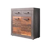 Commode 2 portes 2 tiroirs mélaminé chêne foncé et gris Orcel