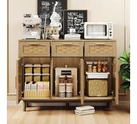 Commode 3 Portes 3 Tiroirs en Rotin Synthétique PVC, Buffet de Rangement Moderne avec 14 cm sous le Meuble pour un Nettoyage Facile, Style Naturel et Design pour Salon, Chambre à Coucher ou Entrée