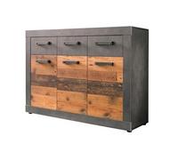 Commode 3 portes 3 tiroirs mélaminé chêne foncé et gris Orcel