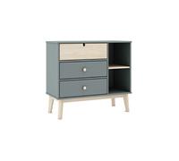 KAINA - Commode 3 Tiroirs 2 Niches MDF et Pin Coloris Gris Vert et Naturel -