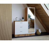 Commode 3 tiroirs avec armoire et miroir - Blanc et naturel - VITORIO