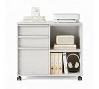 Commode 3 tiroirs avec étagère, meuble rangement blanc ancien pour bureau | Roulettes 360° avec freins, déplacement facile et stable, blanc ancien pour tous les styles de bureau