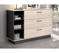 Commode 3 tiroirs et 3 niches - Coloris : Naturel et anthracite - LEANDRE
