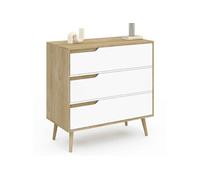 Commode 3 Tiroirs Helsinki 80 Cm Scandinave Bois Et Blanc Blanc