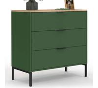 IDMarket - Commode 3 tiroirs KELIA 80 cm Vert Kaki et Plateau Bois