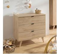 Commode 3 tiroirs poignées métal - décor bois hêtre charme - MIA