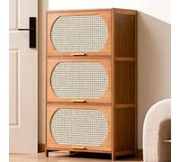 Commode 4/3 Tiroirs Armoire de Rangement Meuble de Rangement Armoire Polyvalente Armoire À Couvercle Rabattable Bambou Massif Imitation Rotin pour Maison, Chambre, Salon, L'entrée 3-layer,60*33*106cm