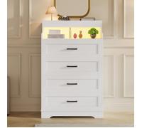 Commode 4 Tiroirs - 73x39.5x114cm - Meuble de Rangement avec Niche Ouverte Bande LED RGB Réglable Style Scandinave - Blanc