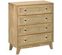 HOMCOM Commode 4 tiroirs Meuble de Rangement cannage en rotin 80 x 35 x 95 cm Aspect Bois Clair