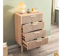 Commode 4 Tiroirs, Commode Bois Massif avec Grand Espace de Rangement, Chiffonnier Meuble de Rangement, Motif de Ligne, Aspect Bois Clair, 60 X 34 X 91 cm (Bois Clair, 4 Tiroirs)