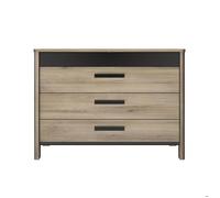 Commode 4 tiroirs effet bois chêne clair avec finition laquée noire