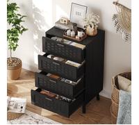 Commode 4 tiroirs en rotin noir, 95 cm, Finition intégralement noire, pieds bois, poignées noires, système anti-basculement