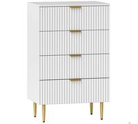 Commode 4 tiroirs design effet cannelé piètement poignées métal doré blanc