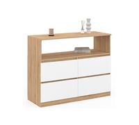 IDMarket Commode TOMI 4 tiroirs 100 cm avec niche façon hêtre et blanc