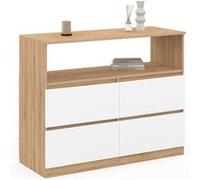 IDMarket Commode TOMI 4 tiroirs 100 cm avec niche façon hêtre et blanc