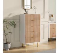 Commode 5 Tiroirs, Armoire à Tiroirs en Bois Massif Meuble à Tiroirs Rangement Buffet Bas Meuble à Tiroirs Rotin Commode Chambre Table de Chevet Buffe Bois (Couleur bois naturel + blanc, 5 tiroirs)