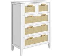 Commode 5 tiroirs cannage en rotin dim. 77L x 37l x 104H cm MDF blanc bois de pin