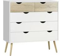 Commode 5 tiroirs design scandinave blanc aspect chêne clair