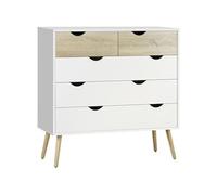 Commode 5 tiroirs design scandinave blanc aspect chêne clair