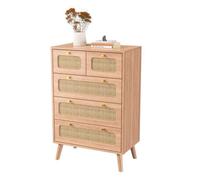 Commode 5 Tiroirs en rotin, Chiffonnier bois de cannage 60x34x91cm, Commode Meuble de Rangement pour Bureau,Salon,Chambre à Coucher