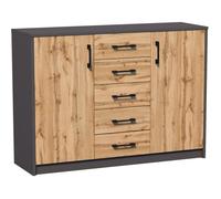 Commode avec 5 tiroirs et 2 portes en finition mate, commode de 110 cm de large avec poignées en polymère de haute qualité, commode en bois avec tiroirs - Fabriquée en panneau laminé chêne graphite
