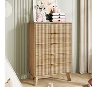Commode 5 Tiroirs - Meubles de Rangement Buffet avec Poignée Golden - Effet Lattes tasseau Bois Coloris chêne pour Chambre, Salon