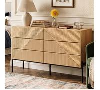 Commode 6 Tiroirs 115.5 x 38 x 75 cm - Relief Géométrique 3D - 6 Tiroirs Silencieux - MDF Chêne & Pieds Métal