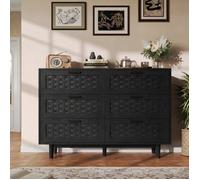 Commode 6 Tiroirs - 115 x 40 x 80 cm - Buffet Bas Rotin Tressé - Style Scandinave Naturel Rangement Chambre Salon - en Noir