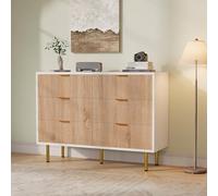 Commode 6 Tiroirs, Armoire à Tiroirs en Bois Massif Meuble à Tiroirs Rangement Buffet Bas Meuble à Tiroirs Rotin Commode Chambre Table de Chevet Buffe Bois (Couleur bois naturel + blanc, 6 tiroirs-4)