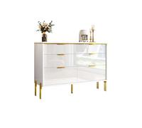 Commode 6 tiroirs, buffet bas en panneau de particules, blanc haute brillance & accents dorés, 120×40×85,5 cm