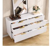Commode 6 tiroirs, buffet bas en panneau de particules, blanc mat & accents dorés, 120×40×76,5 cm